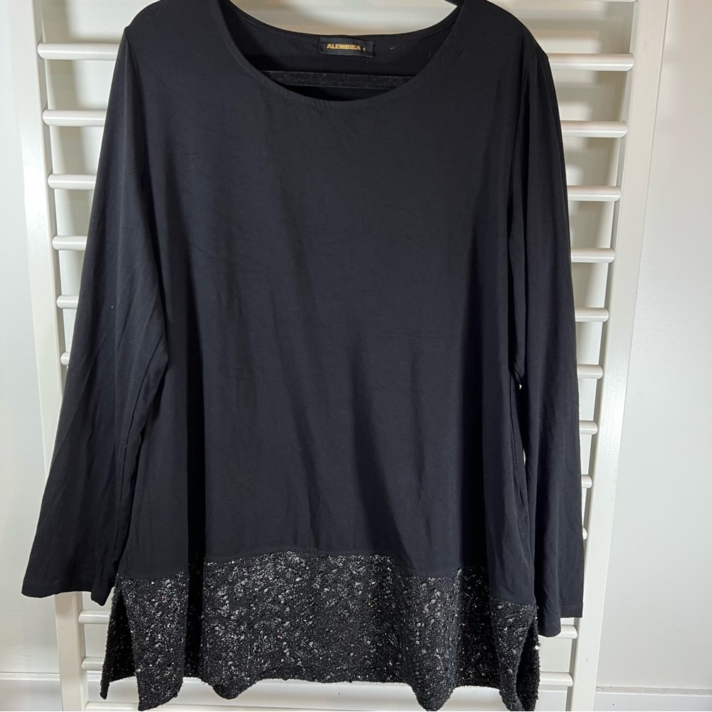 Alembika Black Split Hem Tunic, Texture and Sequins, Sz L/XL, Lagenlook Holiday